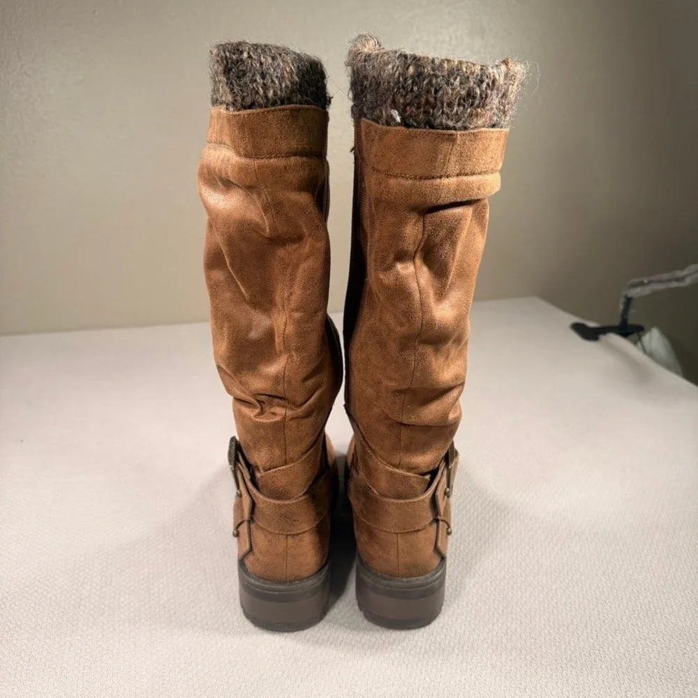 Torrid Slouchy Tall Boots 7W Womens Cognac Faux Leather Knit Cuff Buckle Detail